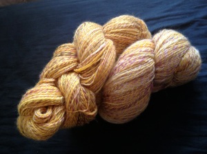 Hand spun, hand dyed yellow merino wool skeins